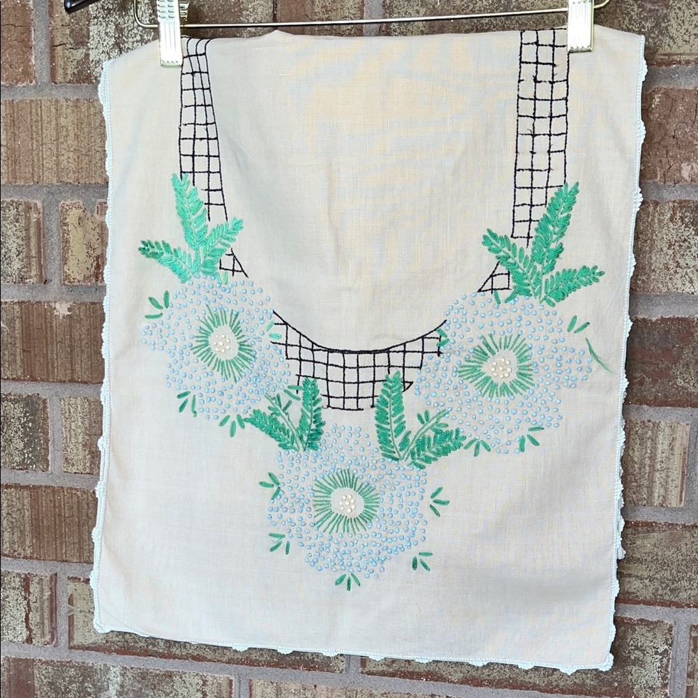 Vintage Hand Embroidered Cream 66” Table Runner